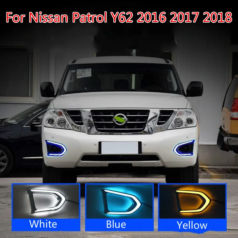 

1 пара Автомобильный светодиодный DRL для Nissan Patrol Y62 2016 2017 2018 дневной ходовой светильник с желтым сигналом поворота Ночная синяя противотуман...