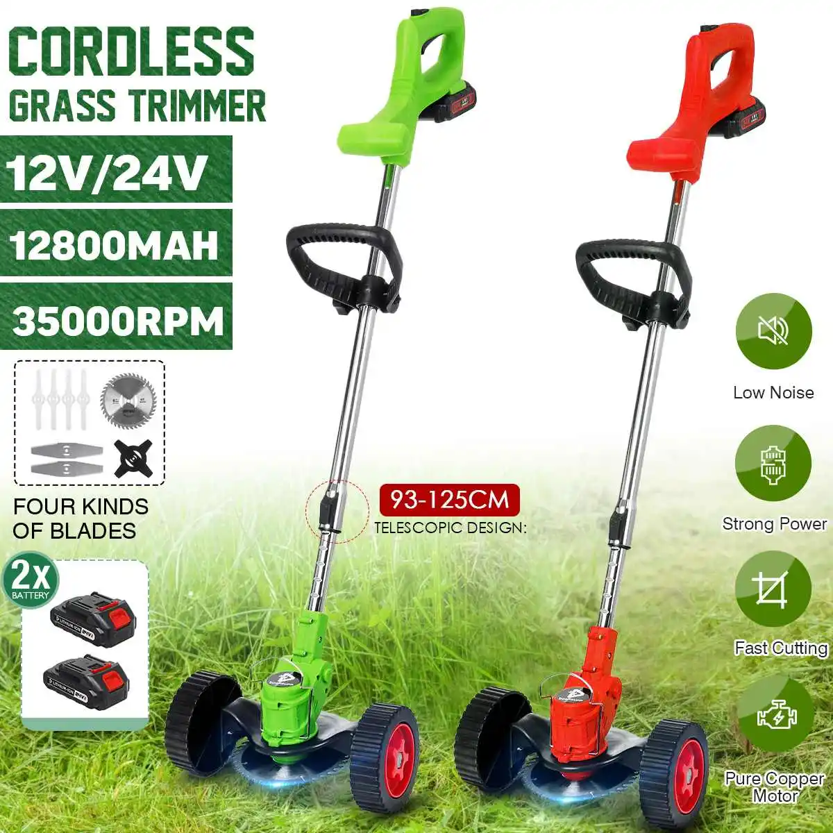 With 2xBattery Electric Grass Trimmer 35000R 24V Cordless Lawn Mower Garden No-Dead Angle Pruning Tools For Makita/12V Battery