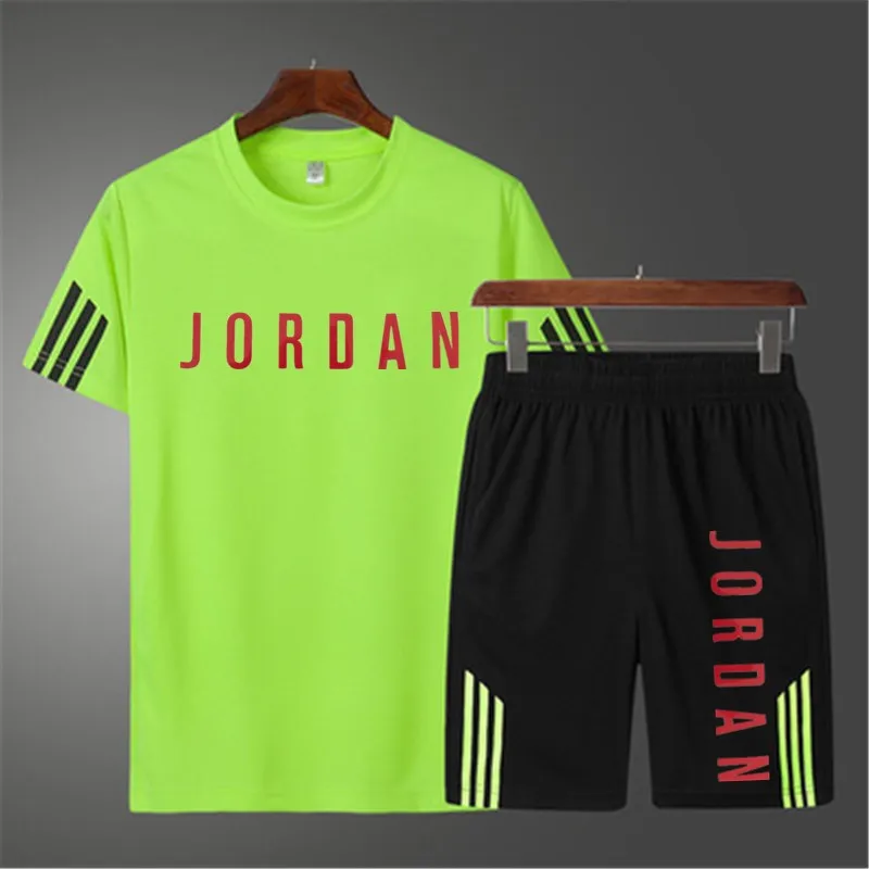 

2021 summer men's color matching striped T-shirt set 2-piece men's sportswear suit basketball sports fitness letter printing sho