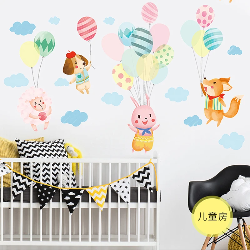 Детская комната 3D кролик с воздушным шаром настенные стикеры для домашнего декора самоклеящиеся декали с дикими животными.