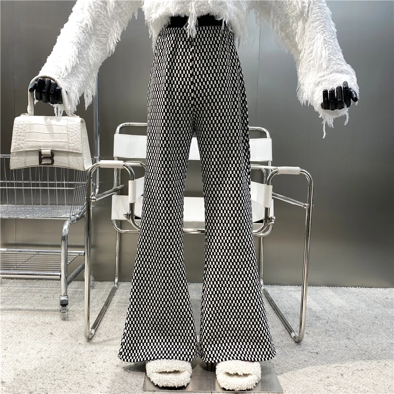 

New 2021 Brand Original Design Contrast Check Elastic Waist Wide Leg Casual Pants Fashion Checkerboard Micro Pull Floor Trousers