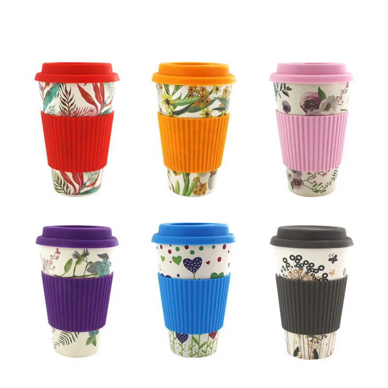 Taza de caf&eacute; de fibra de bamb&uacute; ecol&oacute;gica con tapa de silicona reutilizable y manga para bebidas, regalo de viaje al por mayor, 6 estilos, 60 unids/lote-0