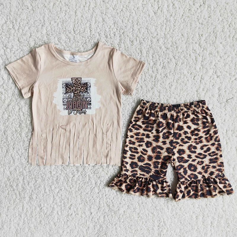 

2021 Summer Fashion Infant Cute Girl Cross Tassels Sleeve Shirt Leopard Ruffles Pants Baby Outfit Wholesale Boutique Clothes