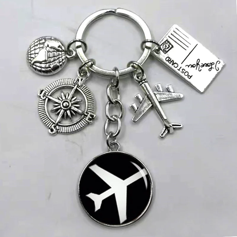 Silver Мир самолет карта брелок для путешествий открытие открыть для себя стеклянный купол Cabachon самолет карта брелок с подвесками для ключей подарок - Цвет: Silver