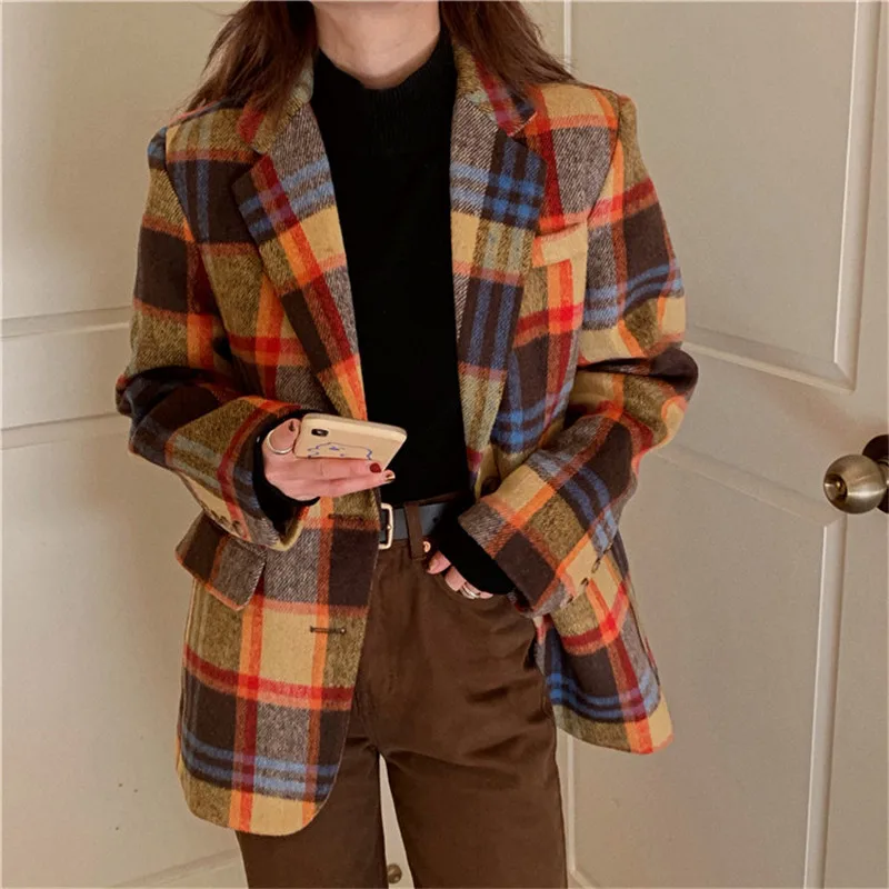 Шерстяное пальто HziriP в клетку элегантный однобортный офисный Блейзер модная