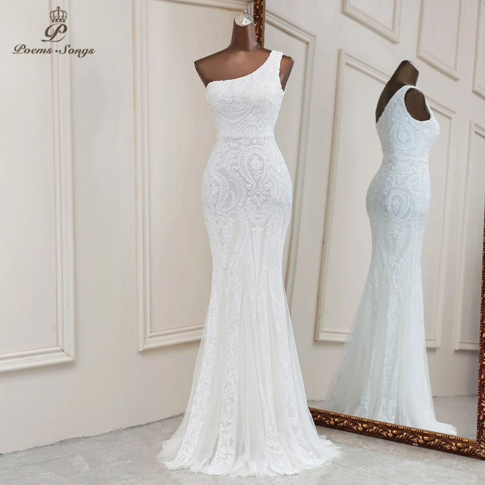 2021Sexy white sequins mermaid evening dresses one shoulder 