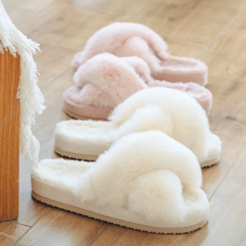 

Winter Women Flip Flop Shoes Furry EVA Warm Home Indoor Open Toe Cross Faux Fur Floor Shoes Fluffy Plush Memory Foam Slipper