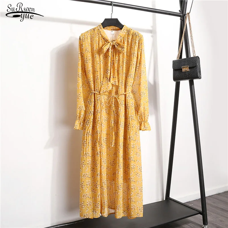 Женское винтажное шифоновое платье элегантное плиссированное с длинным рукавом