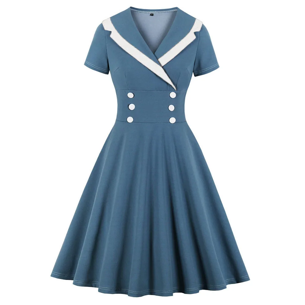 Vintage Preppy Style Women Dress A-line Solid Mini V-Neck 2020 Autumn Short Sleeve High Waist with Buttons #33 | Женская одежда