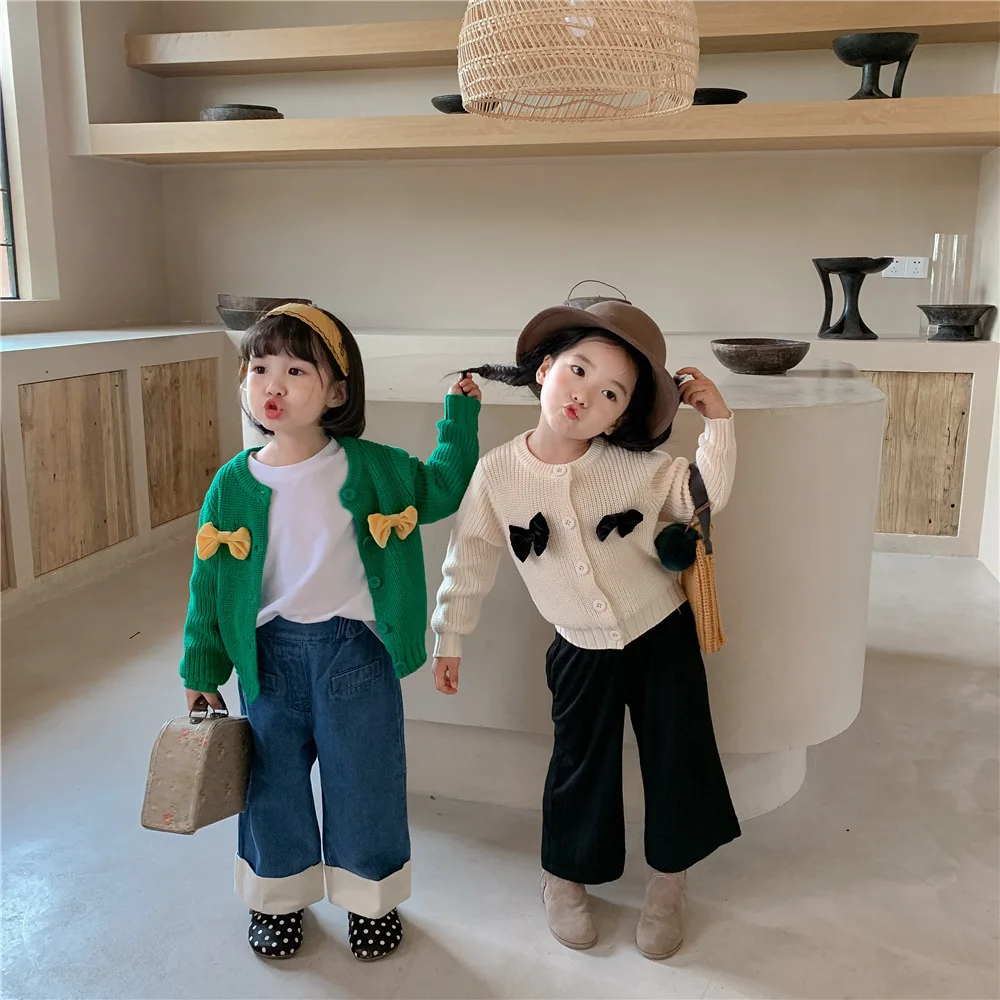 

Детский вязаный свитер ярких цветов с бантом, зимняя одежда для маленьких девочек, теплый пуловер для малышей, Свободные повседневные топы ...