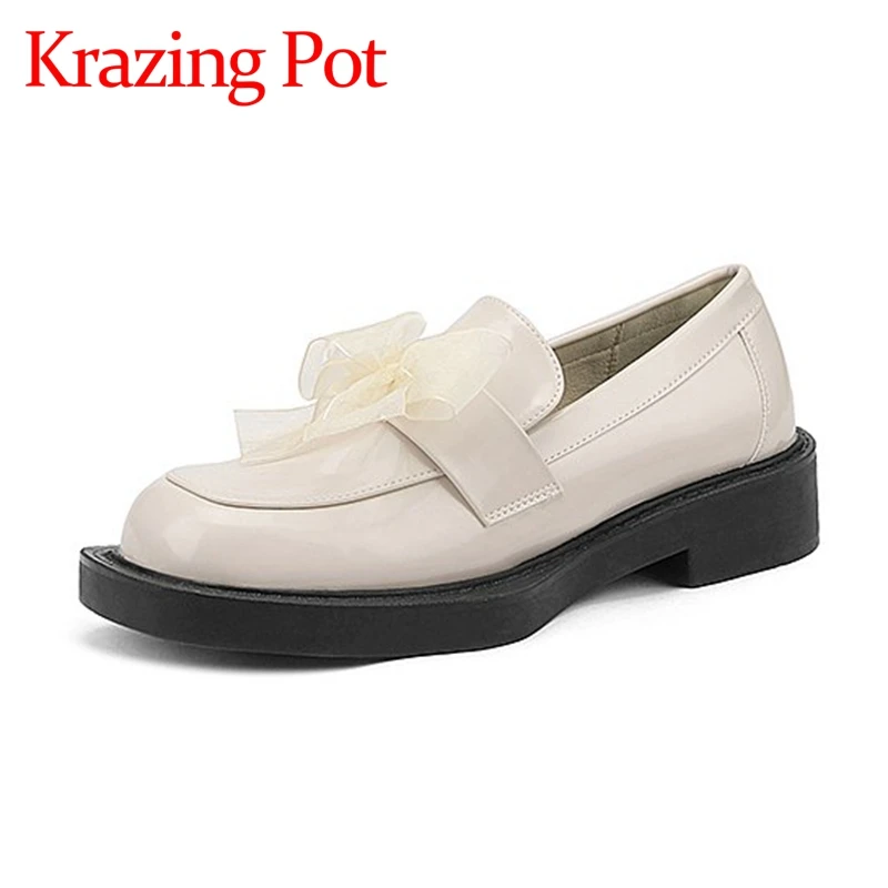 

Krazing pot sweet middle mouth shoes cozy genuine leather med heels riband butterfly-knot square toe breathable women pumps l30