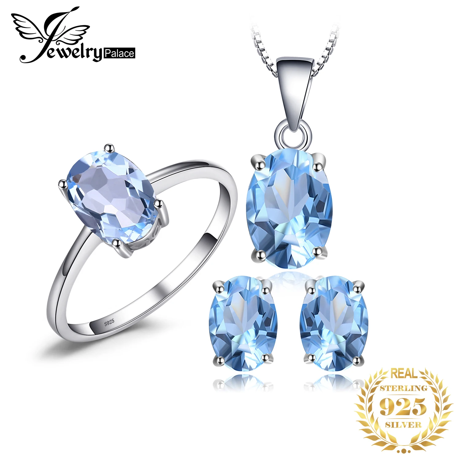 Jewelrypalace Овальный 5.8ct; голубой топаз кольцо Серьги-гвоздики кулон Цепочки и ожерелья 925 стерлингов Серебряные комплекты ювелирных изделий 45 см цепи коробки