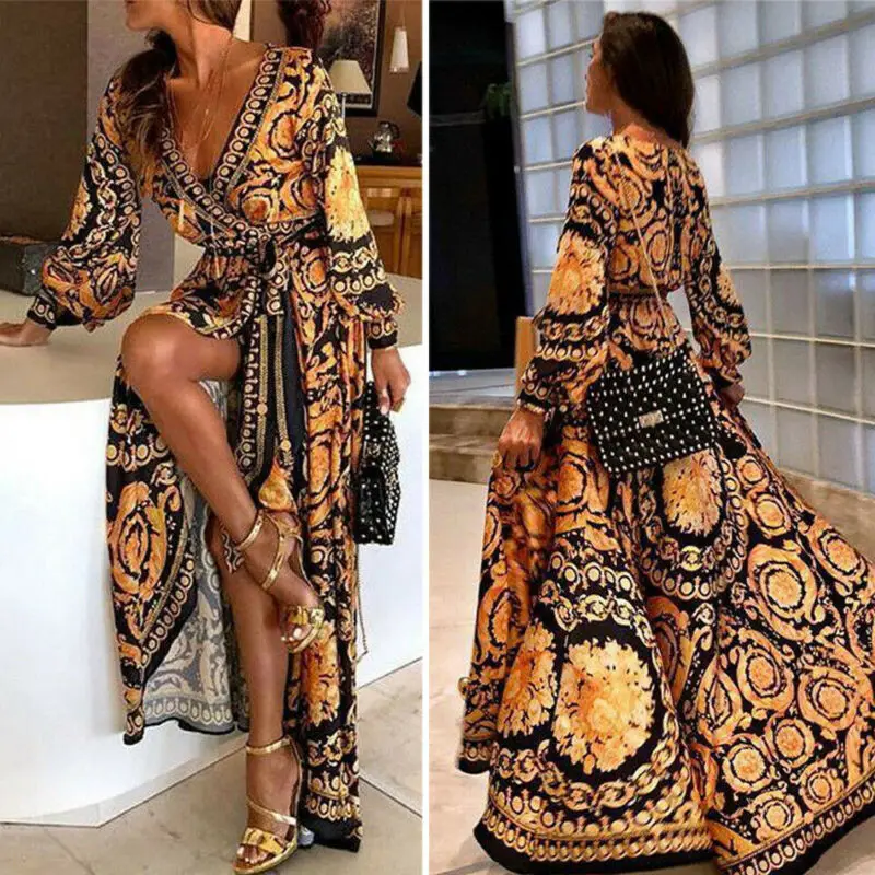 Женское весеннее платье в стиле бохо с цветочным принтом новинка 2019 длинный