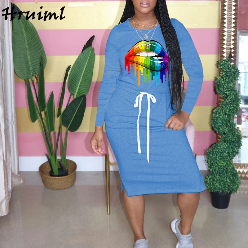 

Casual Women Dress Autumn Big Lip Print Drawstring Long Sleeve O Neck Solid Maxi Dress Fashion Pocket Plus Size Dress Ropa Mujer