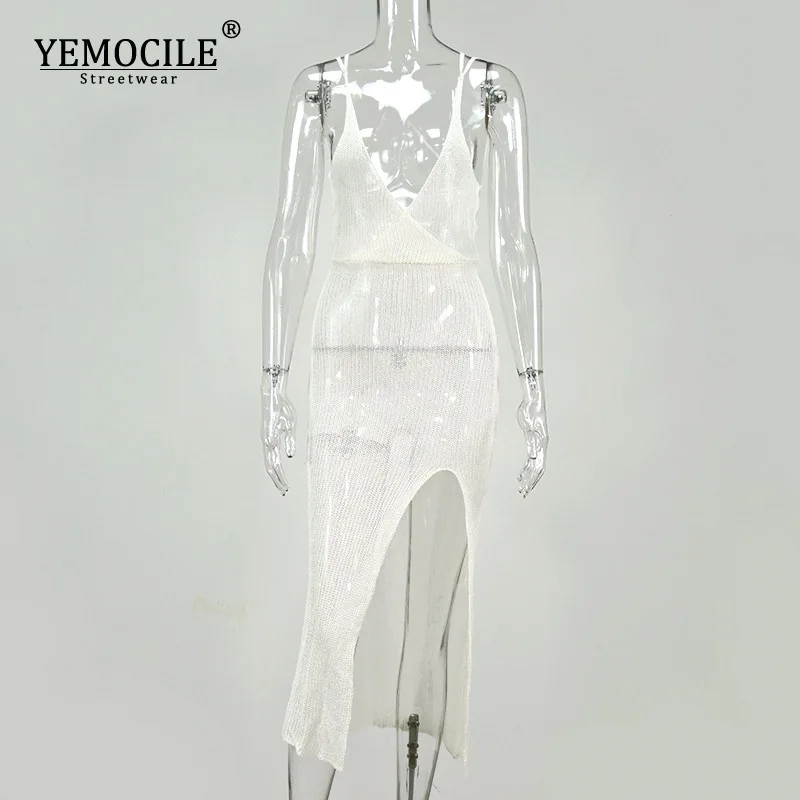 

White Sexy Beach Dress Women Hollow Out Backless Cover Up Knitted Maxi Dresses Summer See Through Side Split Sexy Dress