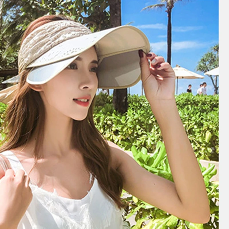 

Korean Women Empty Top Lace Canvas Sun Visor Hat Wide Brim Sunscreen Adjustable Beach Baseball Cap D0LF