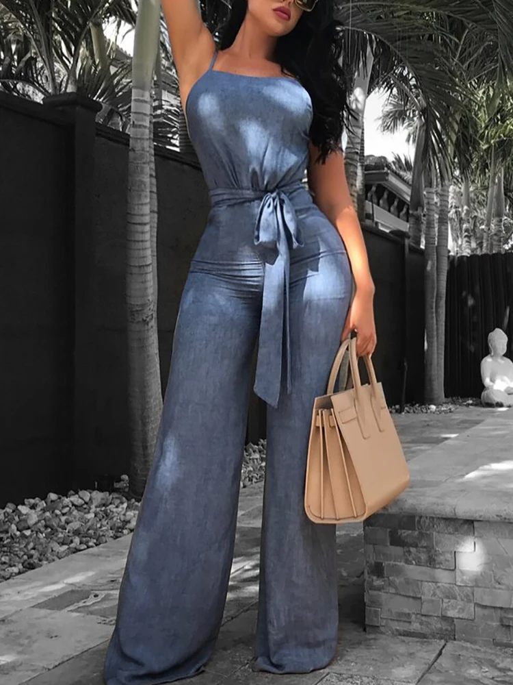 

2022 Backless Loose Jumpsuits For Women Strap Flare Pants Fashion High Street Wear Clothes Long Rompers Jumpsuits