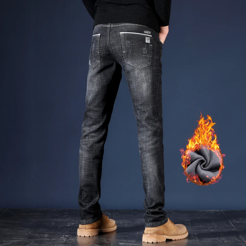 Men'S Pants Jeans Winter Warm Black Blue Slim Business Denim Trousers Biker High Quality Male Straight Casual Designer