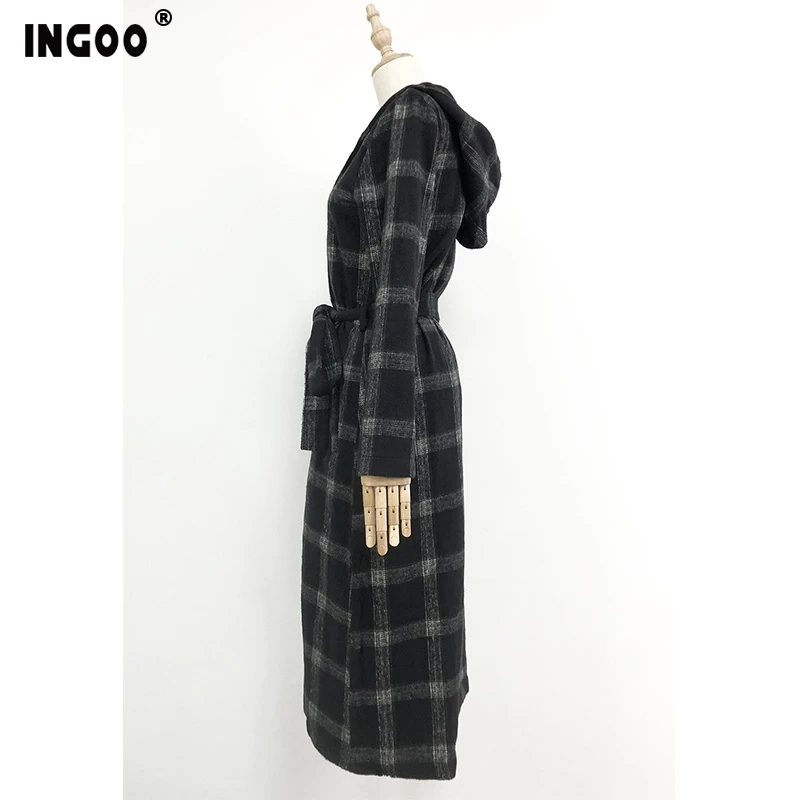 Женское шерстяное пальто в черную и белую клетку INGOO офисное Свободное длинное с