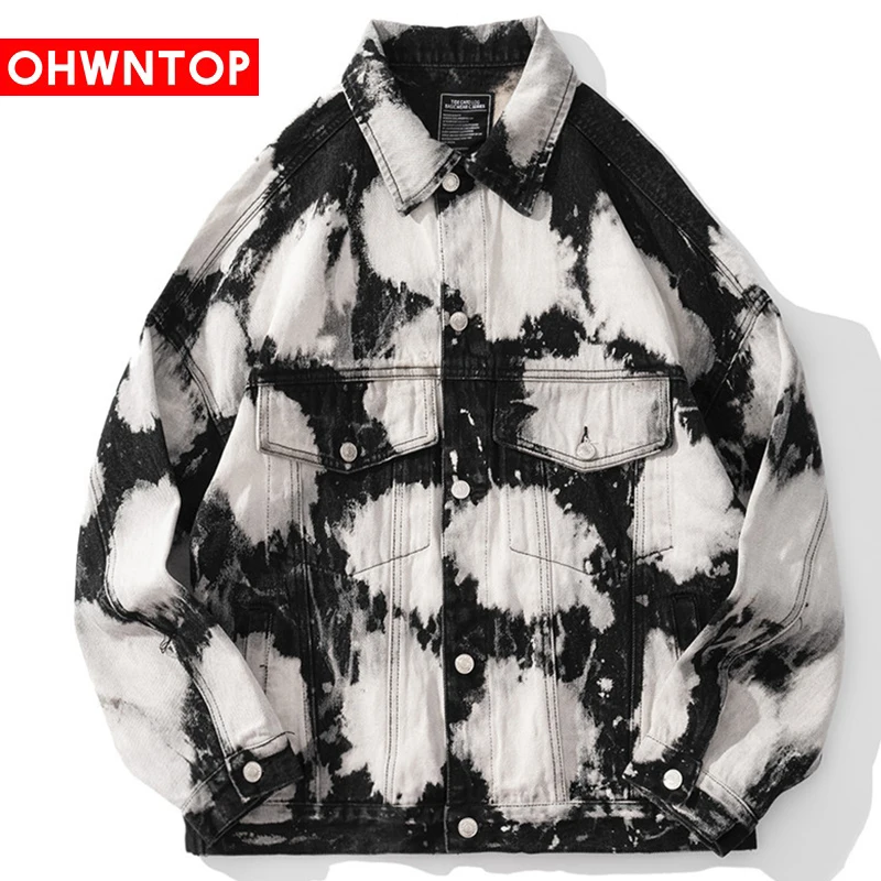 

New Tie Dye Denim Jacket Men Hole Distressed Jeans Coat Hip Hop Print Jacket Streetwear 2021 Spring Autumn Tops For Male Outwear