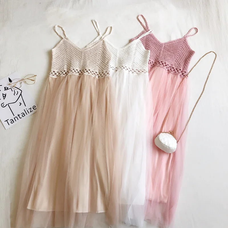 Весна и лето 2020 корейское Новое модное вязанное ажурное Сетчатое платье с