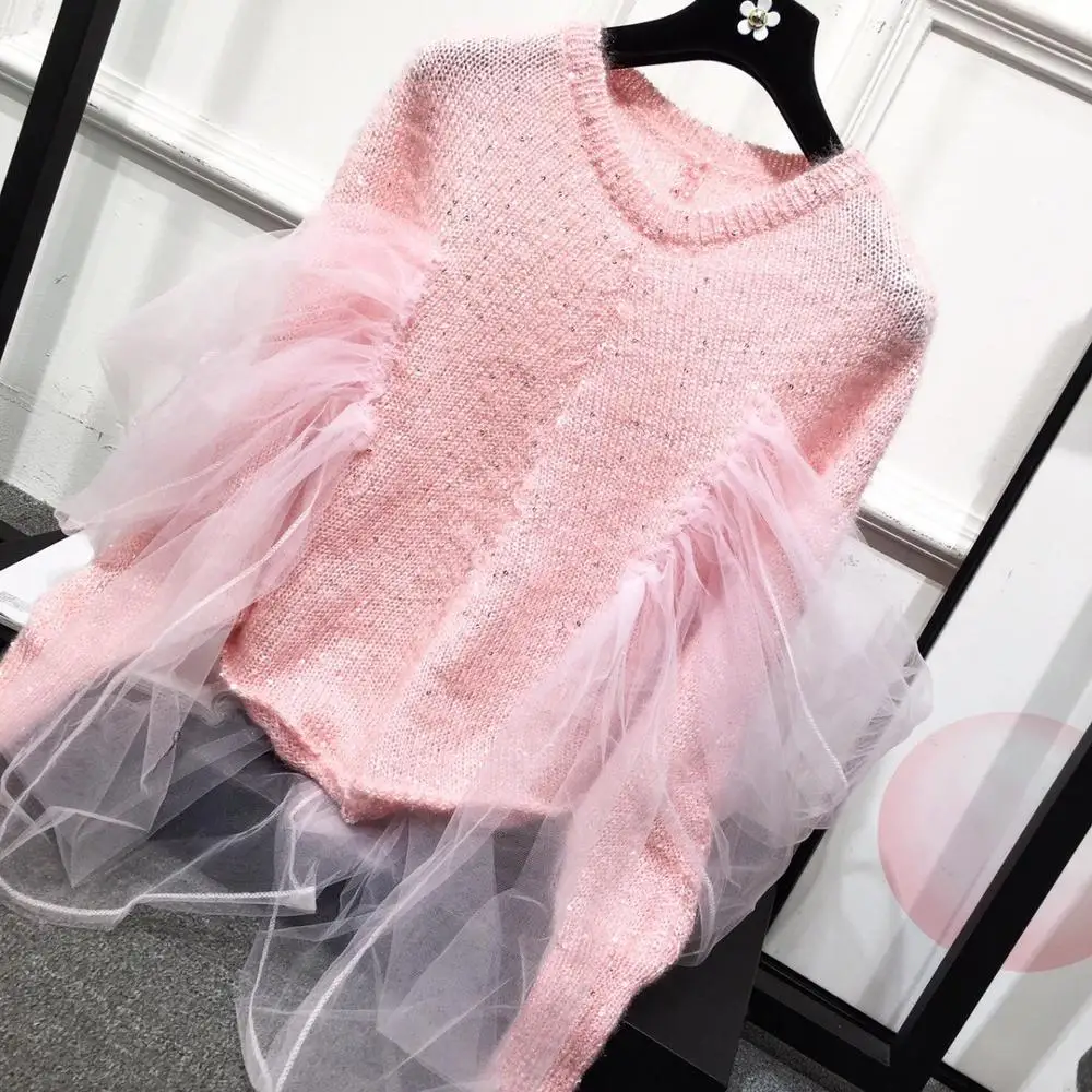 WHITNEY WANG 2019 мода уличная сетка лоскутное блестки мерцающий свитер женский джемпер