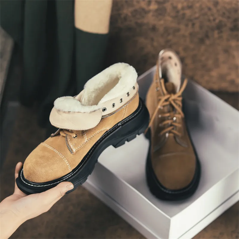 

ANNYMOLI Real Wool Fur Snow Boots Women Shoes Natural Leather Platform Flat Ankle Boots Cross Tied Warm Short Boos Female Winter