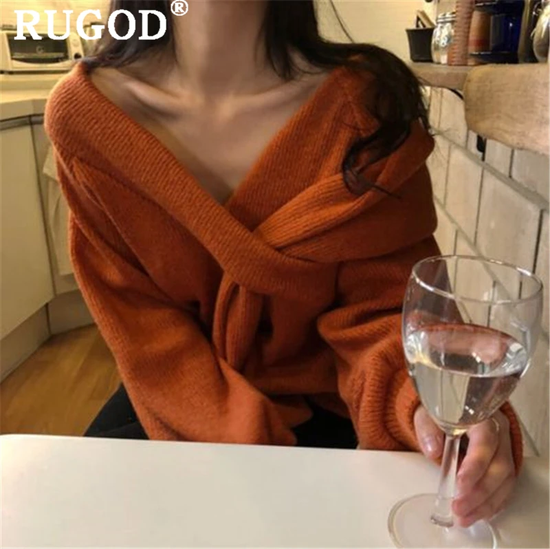 RUGOD Elegant solid cross knitted sweater women Sexy off shoulder lantern sleeve pullover sweaters female korean auturm | Женская одежда