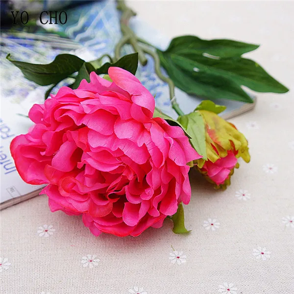 Type 2 rose-red Йо Чо Настоящее прикосновение День рождения Рождество Декор Искусственный шёлковый Пион цветок 2 головы Роза Свадебная часть украшения лист цветок - Цвет: Type 2 rose-red