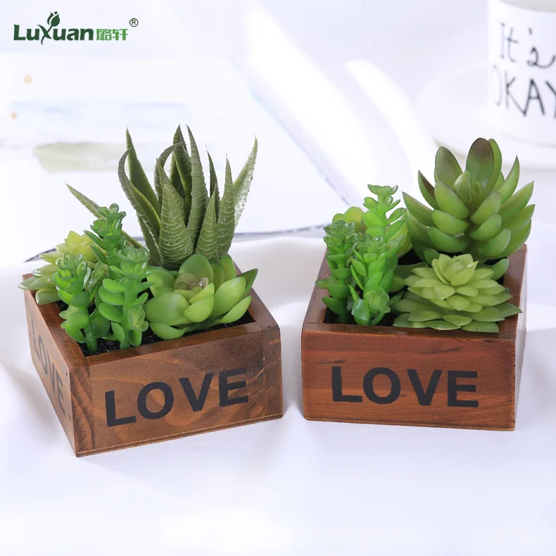 

Love Wooden Basin Simulation Plant Fleshy Bonsai Desktop Creative Simulation Plant Green Plant Small Potted Plant Green Flower