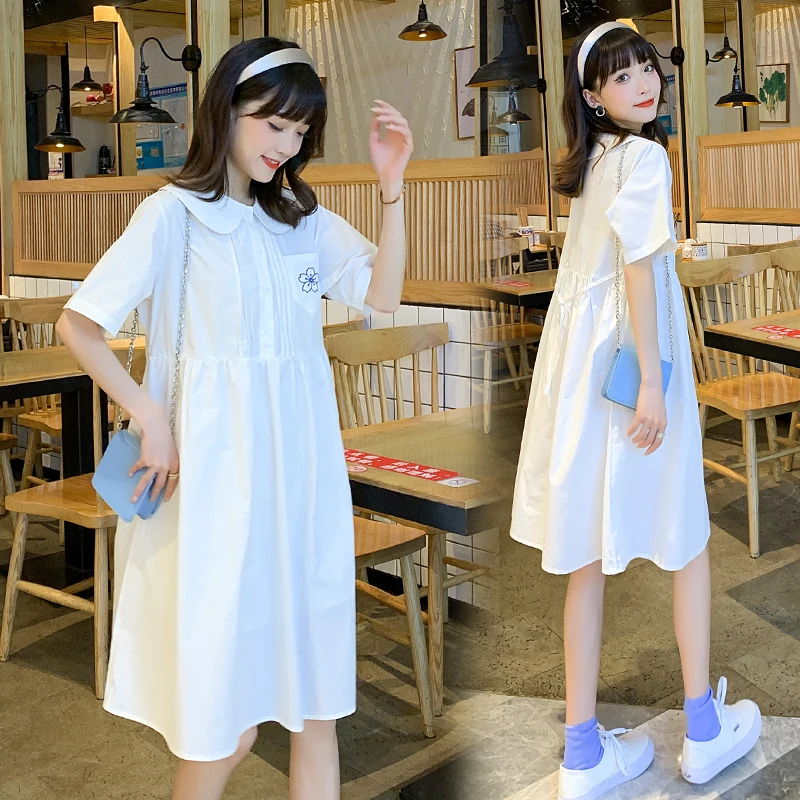 

730# Summer Korean Fashion White Cotton Maternity Dress Elegant Loose Clothes for Pregnant Women Ties Waist Pregnancy Clothing