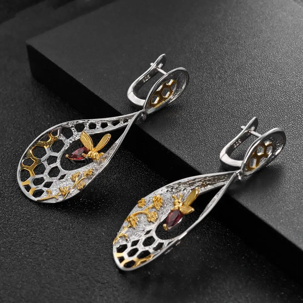 Серьги подвески женские из серебра 925 пробы с Пчелкой и сотами|Серьги-подвески| |