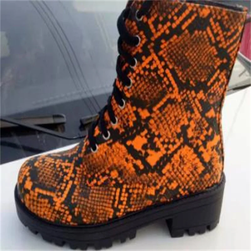 

2021 Yellow Snake Print Round Toe European And American Low-Tube Winter Slope Heel Front Lace-Up Side Zipper Women's Riding Boot