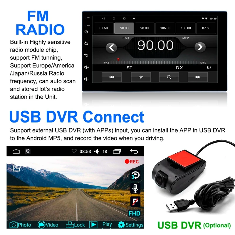 

7 Inch 1DIN Android 9.1 Car Stereo Radio Quad Core Adjustable Multimedia MP5 Player WIFI Bluetooth MirrorLink GPS