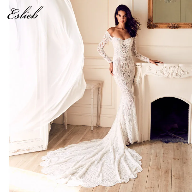 

Eslieb Wedding Dress Mermaid Off The Shoulder Special Lace Long Sleeves Bridal Dress Lace Without Beading Sexy Dress