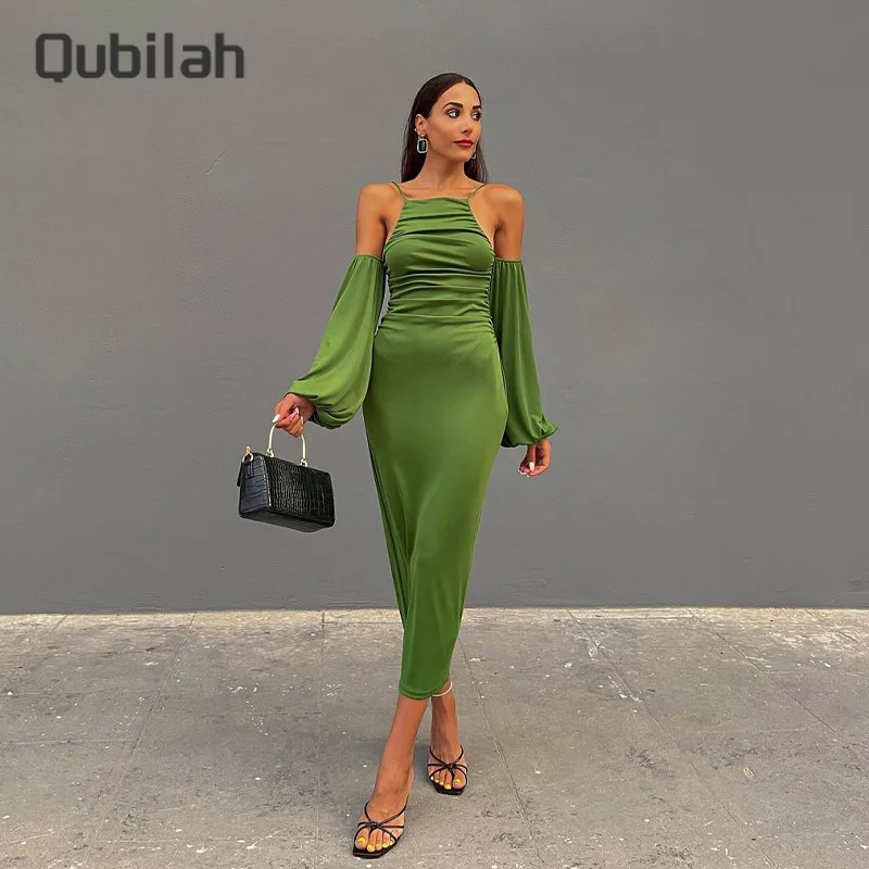 

Autumn Winter Dress Women Solid Color Long Dress Sling Lantern Sleeve Sexy Dress Party Club Evening Dress Fall Clothes for Women