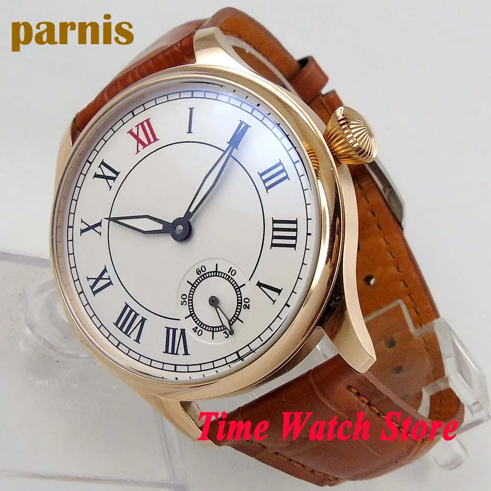 Часы parnis мужские 44 мм золотые с белым циферблатом римскими цифрами 6498