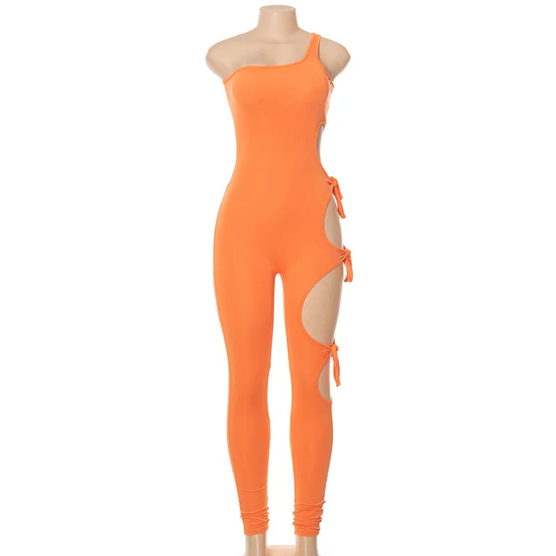 

Women's summer new irregular sexy hollow one-shoulder strap tight trousers jumpsuit