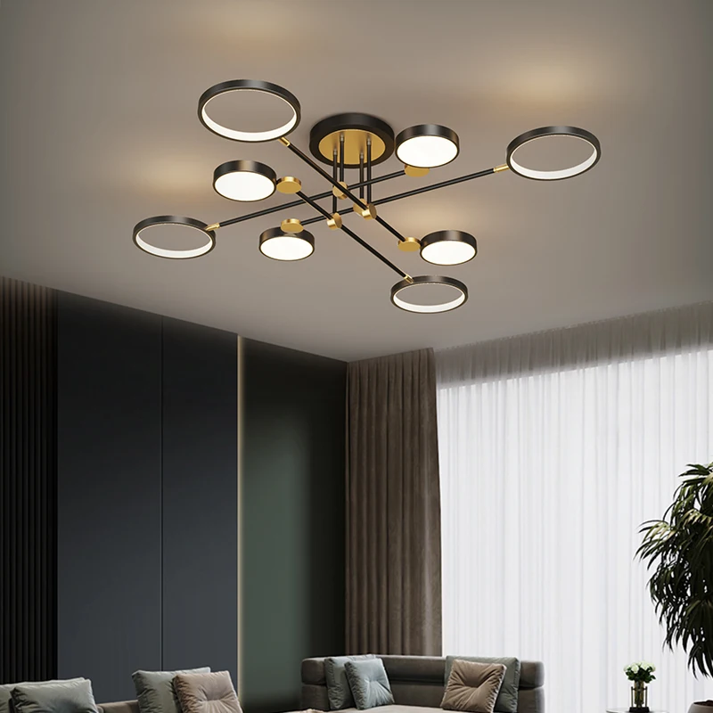

Modern led chandelier with remote control is used for living room, bedroom, black gold frame ceiling lamp and indoor lighting