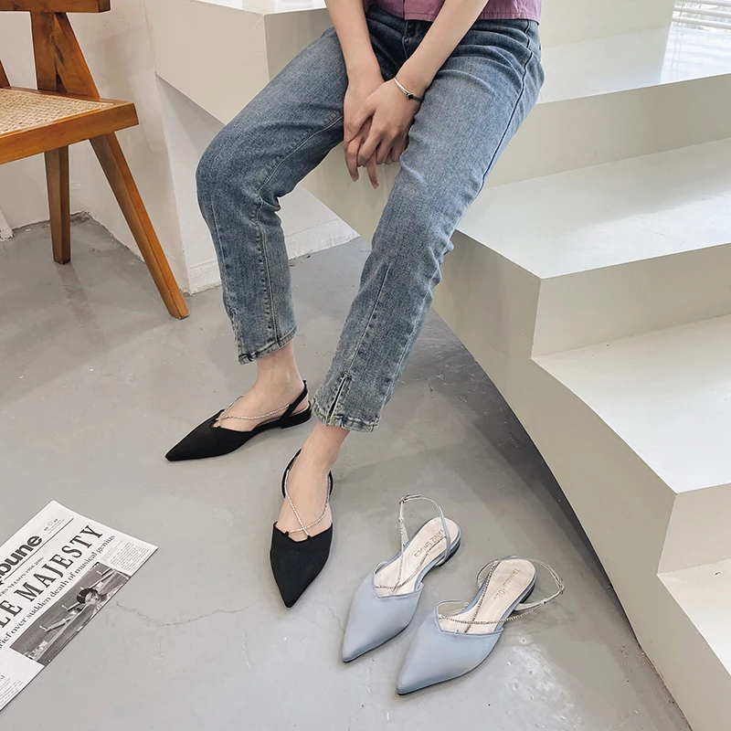 

Comfort Shoes for Women 2021 Sandals Suit Female Beige Clear Heels Shallow Mouth New Black Retro Flat Rhinestone Girls Pointed L