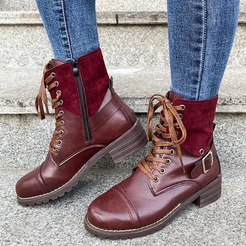 

Plus Size 42 43 New Women Martin Boots 2021 Autumn Winter Female High Heels Lace-up Belt Buckle Womens Short Booties Medium Heel