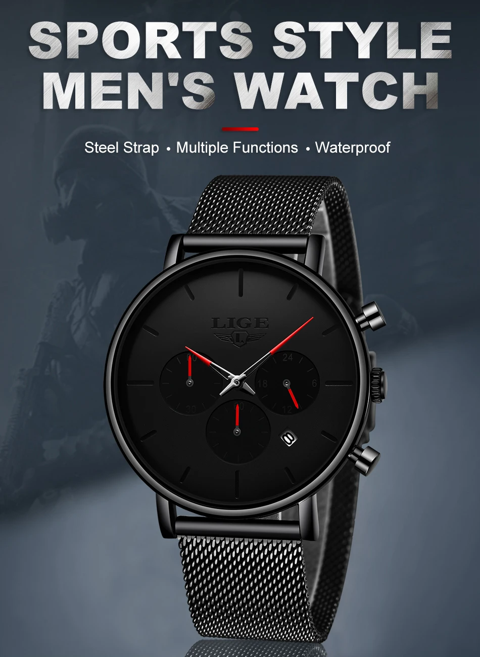 Relojes LIGE мужские часы из сетчатой стали, модные брендовые Роскошные спортивные ультра-тонкие кварцевые часы, мужские повседневные водонепроницаемые часы с датой