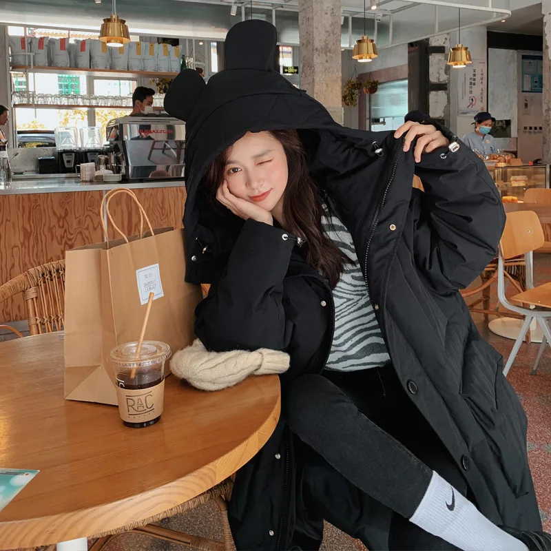 

Women Down Jacket Winter Solid Color Pretty Bear Ear X-Long Zipper Coats With Big Pocket Woman Jackets Coat Outwear Parkas 2020