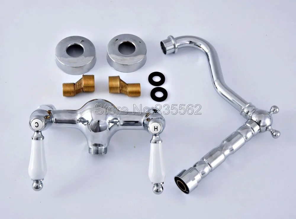 Полированный хромированный настенный смеситель с двойной ручкой для кухонной