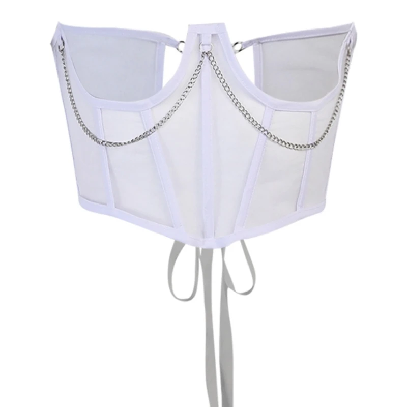 

Women Sexy Sheer Mesh Patchwork Bustier Corset Vintage Strapless Lace-Up Back Overbust Waist Cincher Body Shaper Top