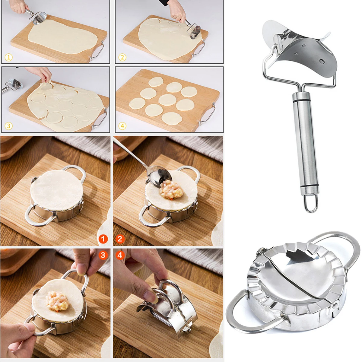 

Silver 3pcs/set Stainless Steel DIY Mold Dumplings Maker Set Dumpling Cooking Skin Maker + Dumpling Mold + Filling Spoon Tools