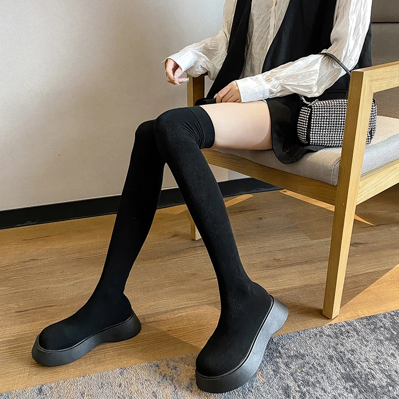 Женские сапоги выше колена на высоком каблуке новинка зимнего сезона 2021 вязаная