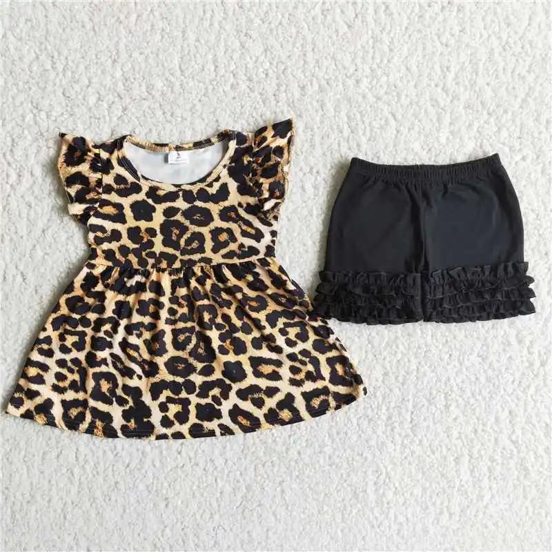 

Wholesale Summer Boutique Baby Girls Clothing Flying Leopard Shirt Black Ruffle Shorts Maching Outfit Kid Children infant Set
