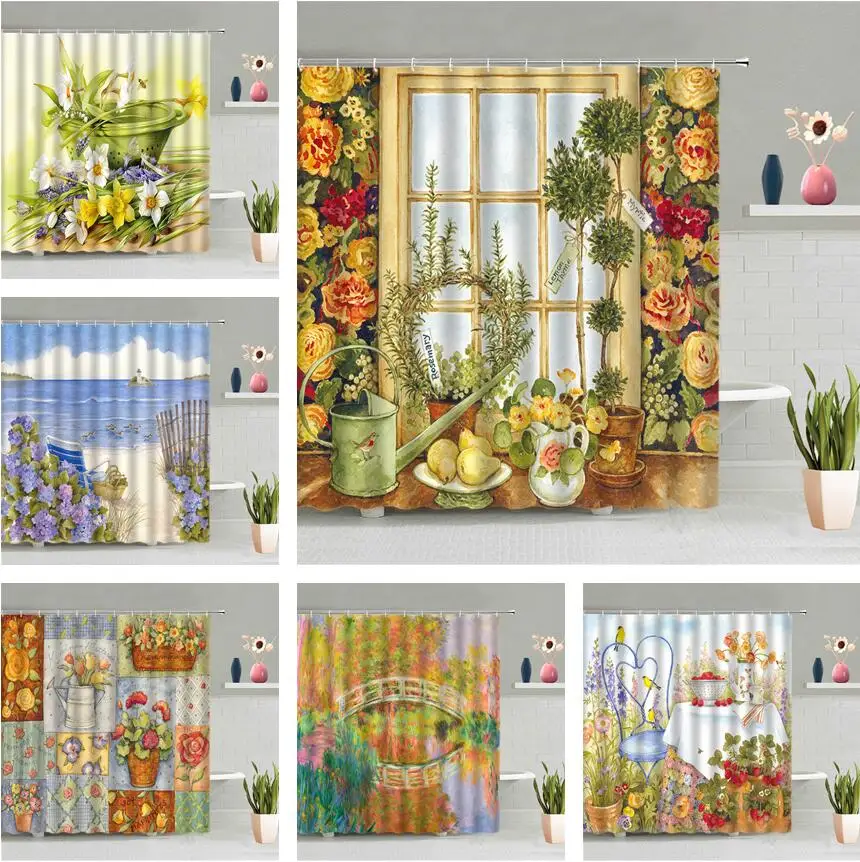 

Windowsill Floral Shower Curtain Plant Flower Grass Forest Ocean Scenic Retro Oil Painting Bathroom Hanging Curtains Home Decor