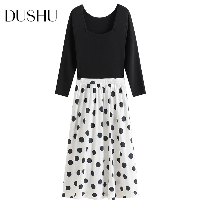 

DUSHU Plus size vintage polka dot long black dress Women fake two piece elegant party dress Autumn slim knitted sweater dress